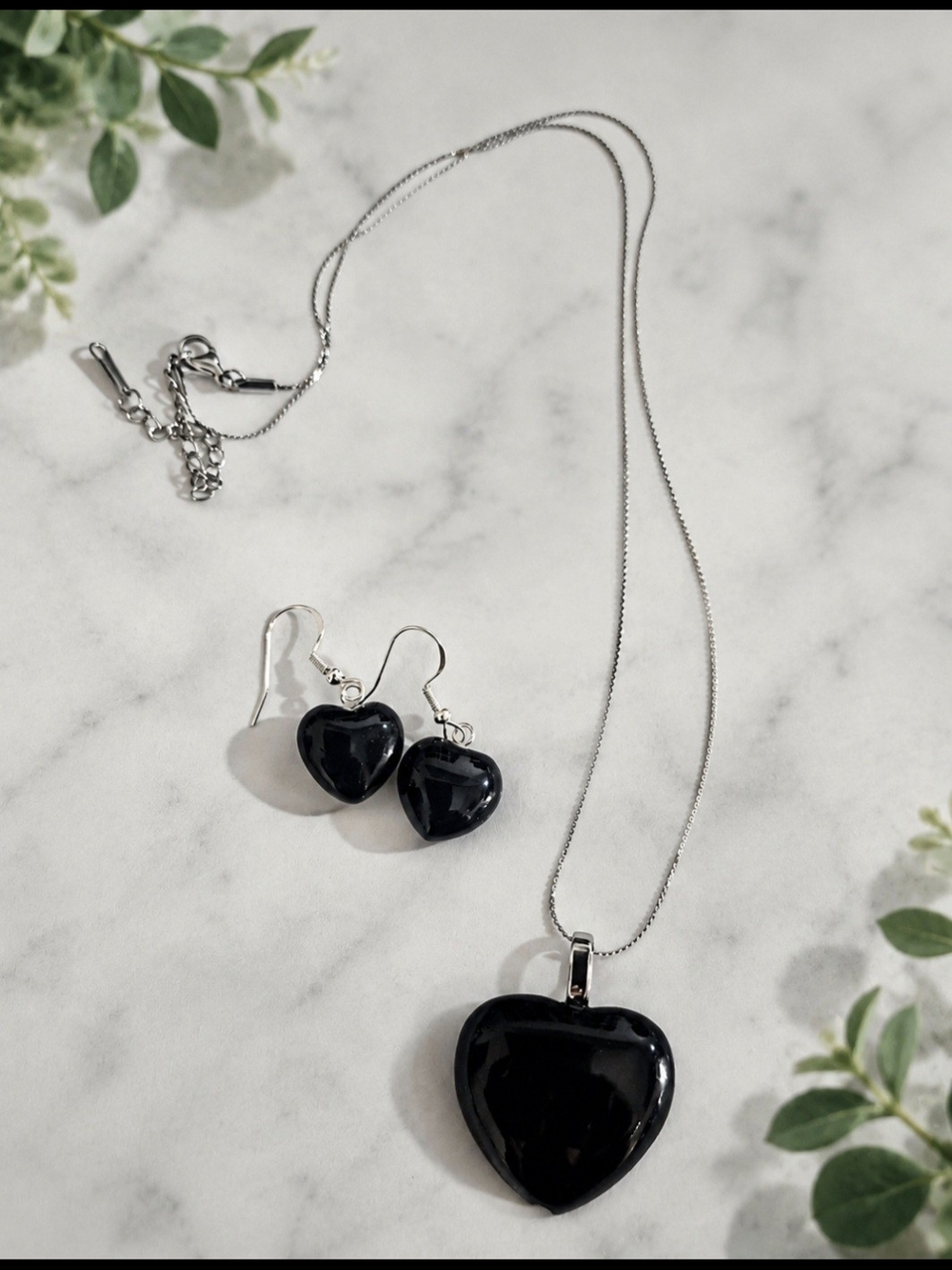 Handmade Black Onyx Heart Necklace & Earrings Set | Sterling Silver & Stainless